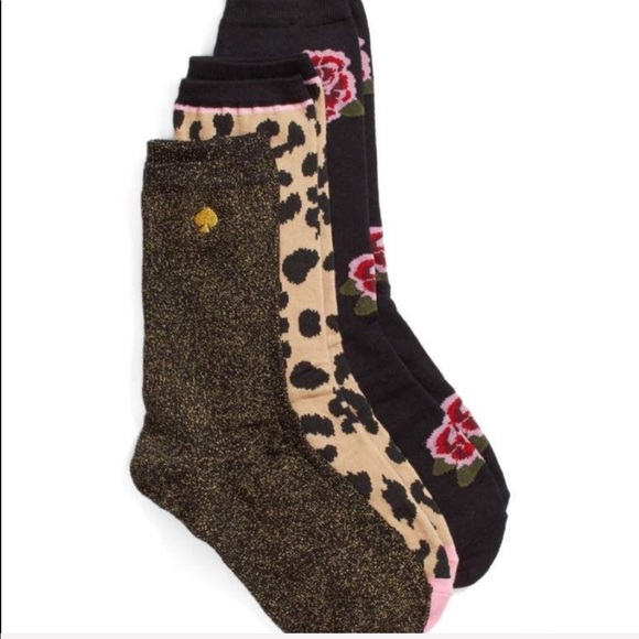 NEW KATE SPADE 3Pr Rose Leopard Crew Socks Box Set - Picture 5 of 9